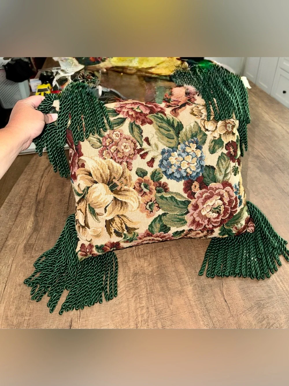 Vintage Floral Tapestry Throw Pillow with Green Fringe - Classic